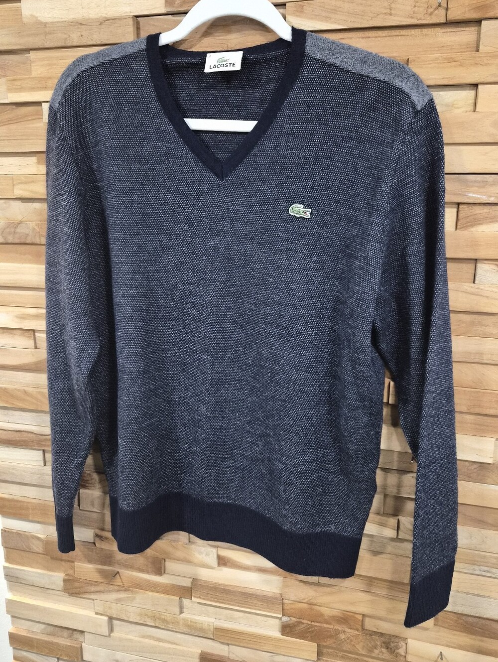 Lacoste Men's V-Neck Sweater in Navy and Gray Contrast